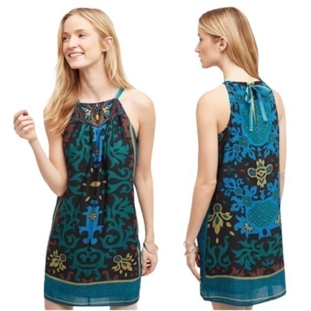 Anthropologie One September Del Mar halter dress keyhole back bead embroider XL